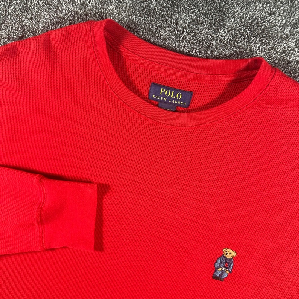 Polo Ralph Lauren Shirt Mens 1XT Sleepwear Red Waffle Knit Polo Bear Thermal